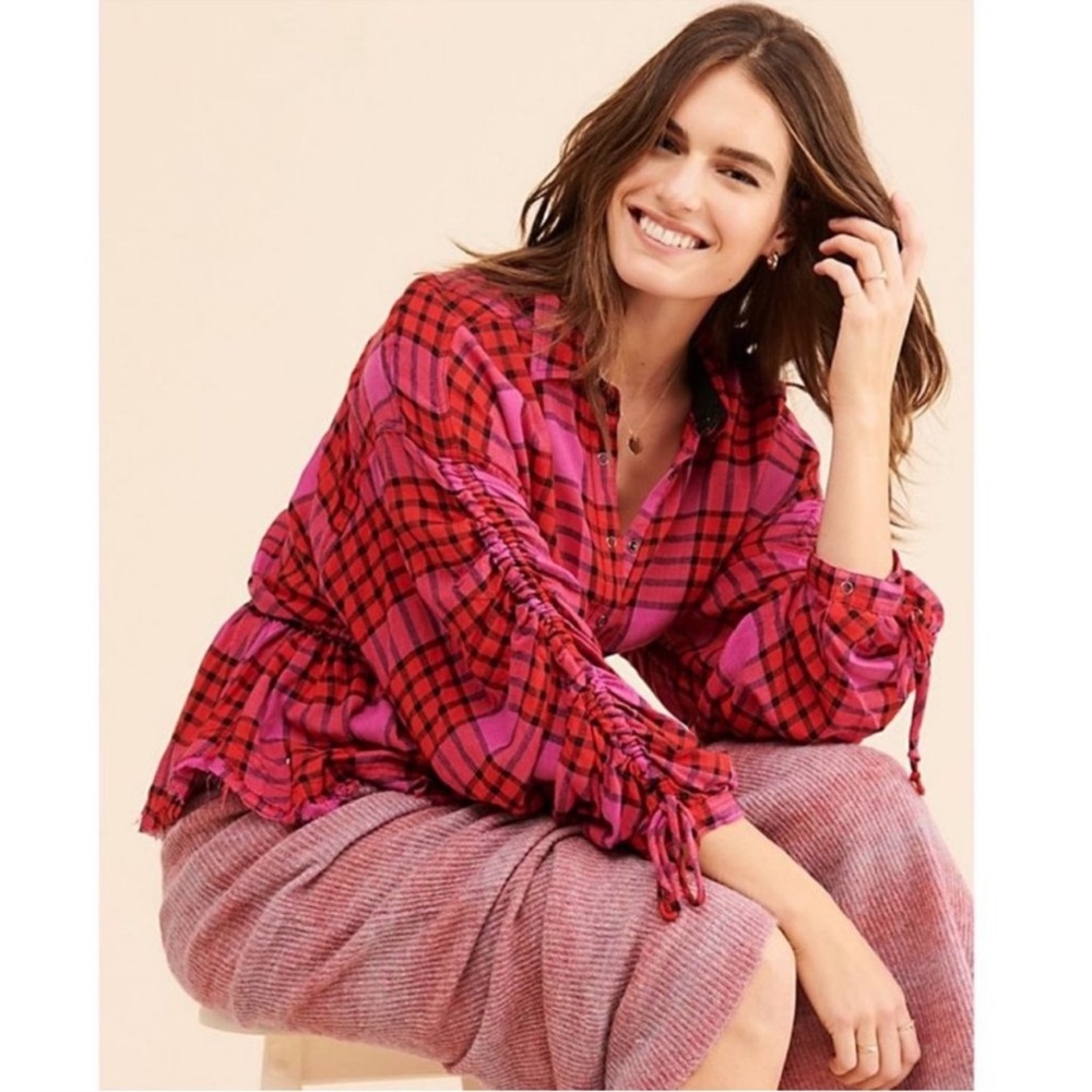 Free People Pacific Dawn Plaid Top in Red Combo Wool / Viscose Sz LARGE
